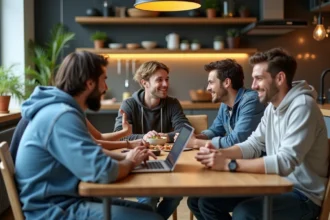 Jeunes adultes discutant autour d'une table dans un appartement moderne