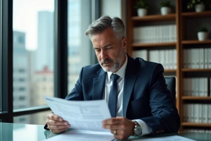 Homme d'affaires en costume bleu lisant un rapport financier
