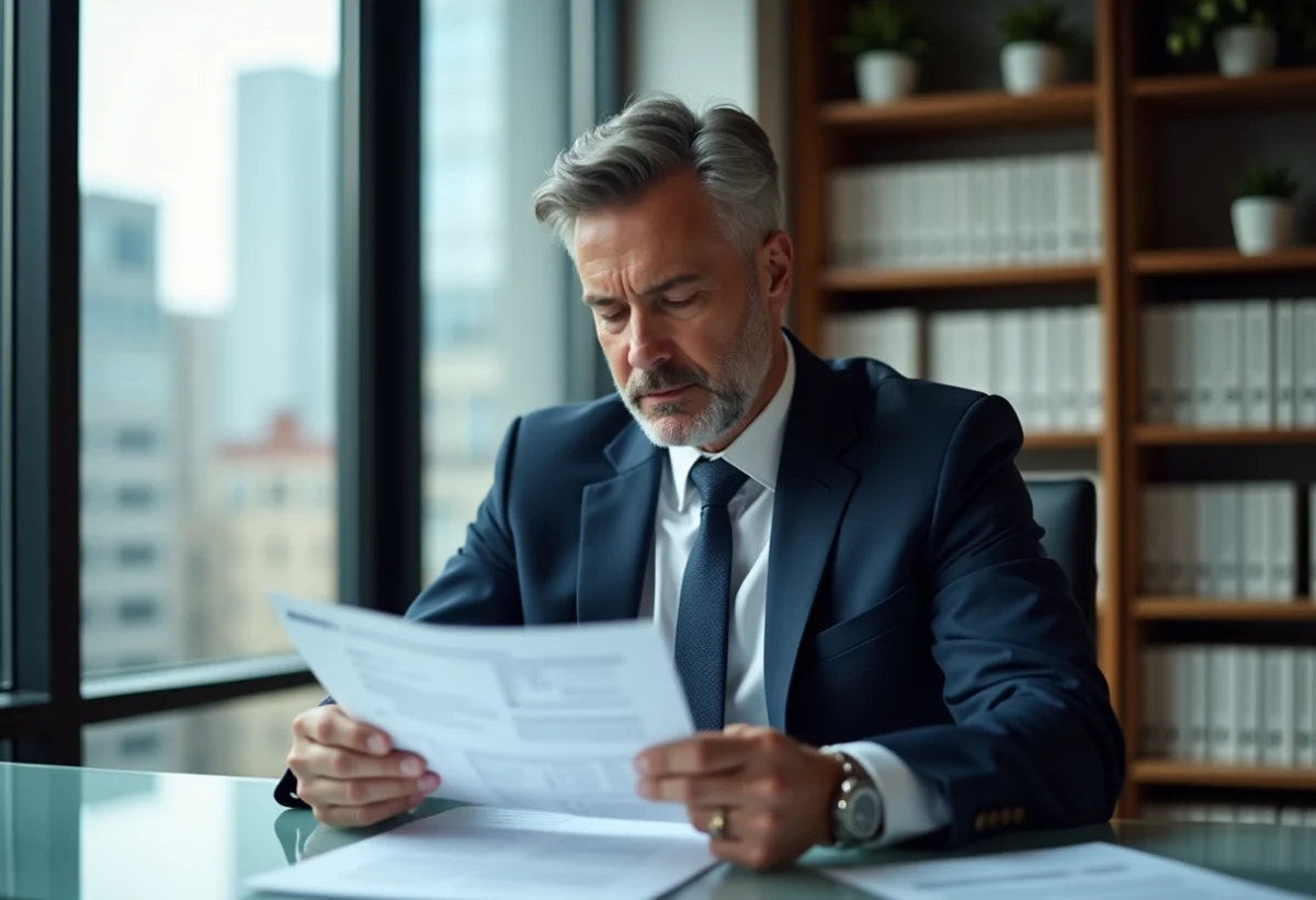 Homme d'affaires en costume bleu lisant un rapport financier