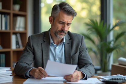 Homme d'affaires réfléchissant à des pénalités de remboursement