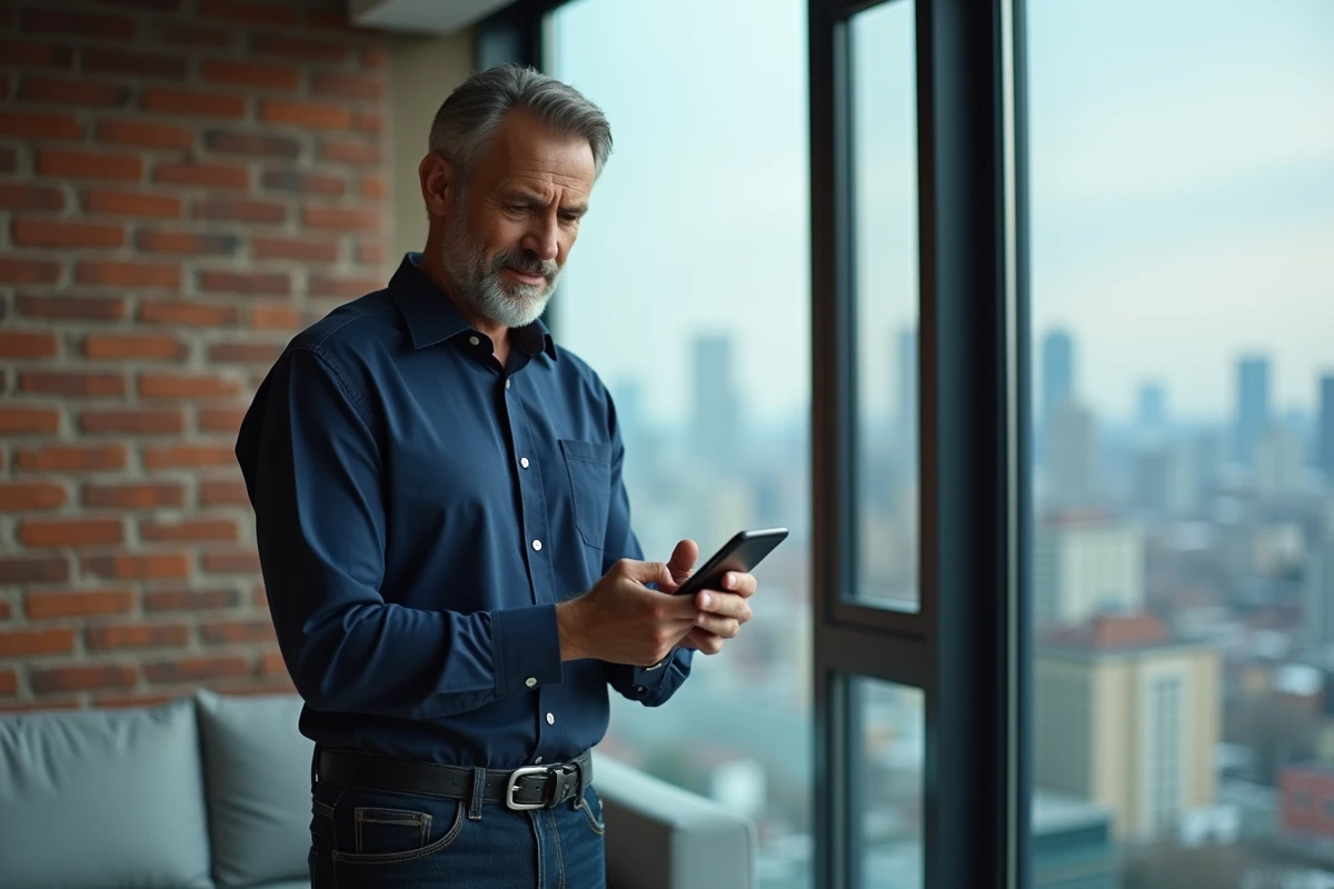 Homme debout près d'une fenêtre avec vue urbaine consultant des données financières sur son smartphone