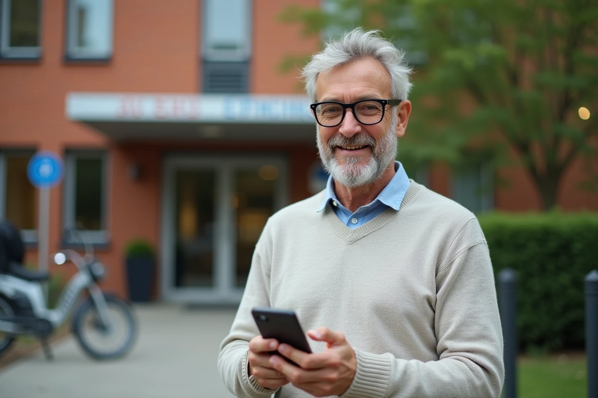 Homme avec smartphone affichant l application alin fr en extérieur