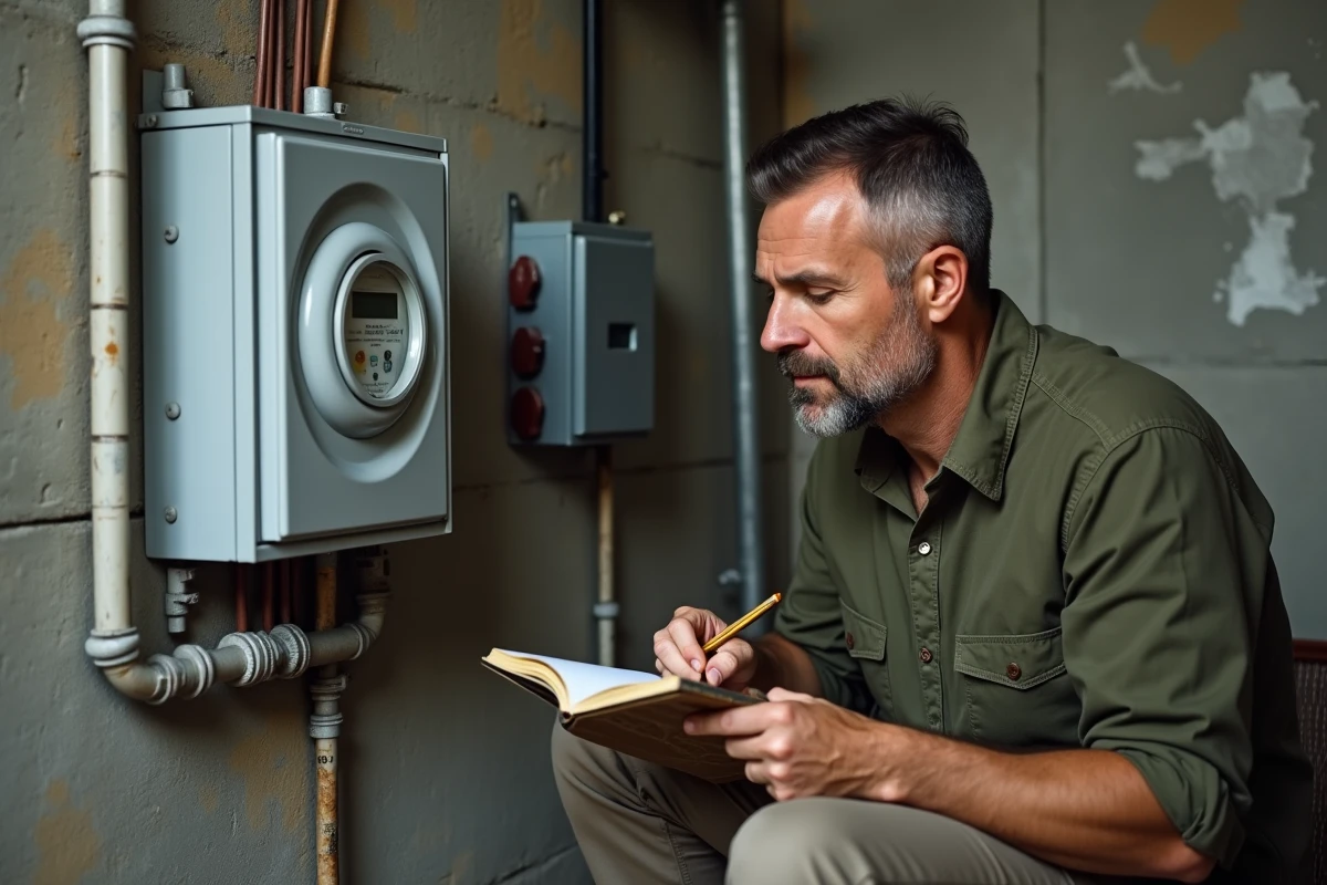 Homme notant les informations du compteur électrique dans la cave d'un logement nouvellement acheté