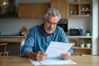 Homme d'âge moyen examinant un contrat dans une cuisine moderne