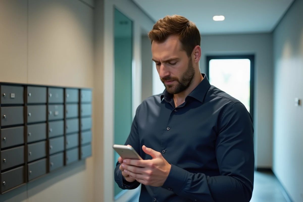 Homme consultant son application de copropriété sur smartphone dans un couloir d'immeuble résidentiel