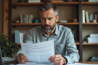 Homme consultant des documents de permis de construire à son bureau à domicile