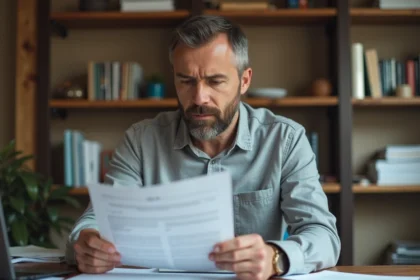 Homme consultant des documents de permis de construire à son bureau à domicile