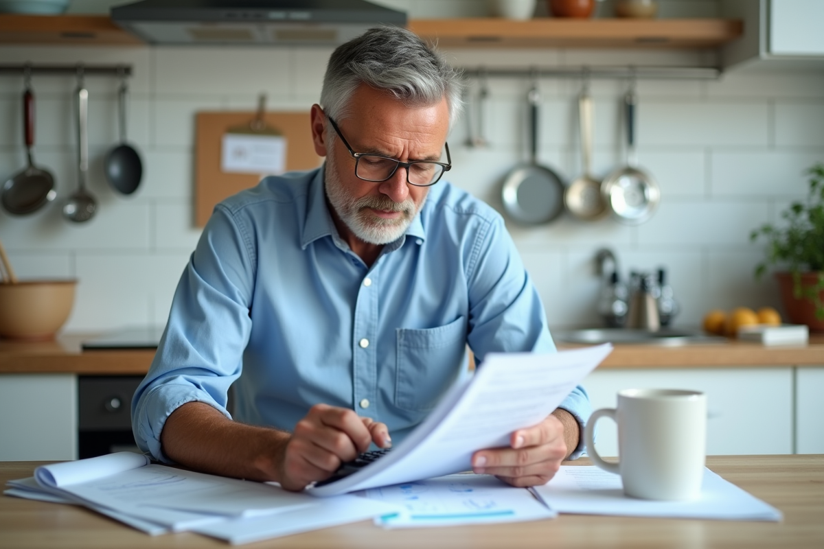 Homme en casual examinant des documents dans une cuisine lumineuse