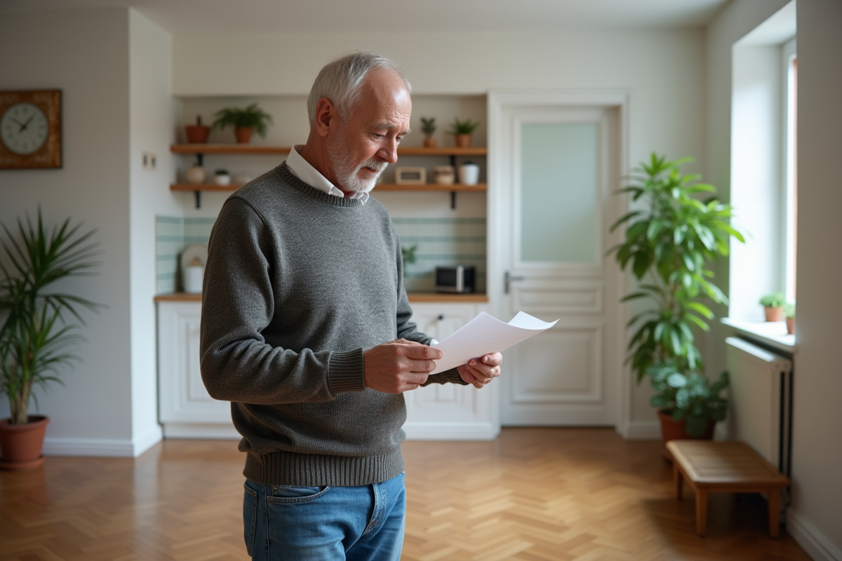 Homme âgé examinant des documents dans son salon