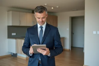 Homme en costume navy inspectant un appartement moderne