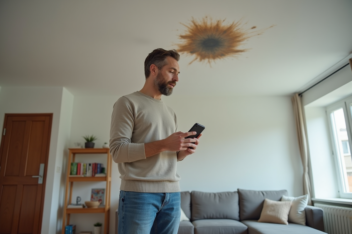 Homme d'âge moyen examinant une tache d'eau au plafond