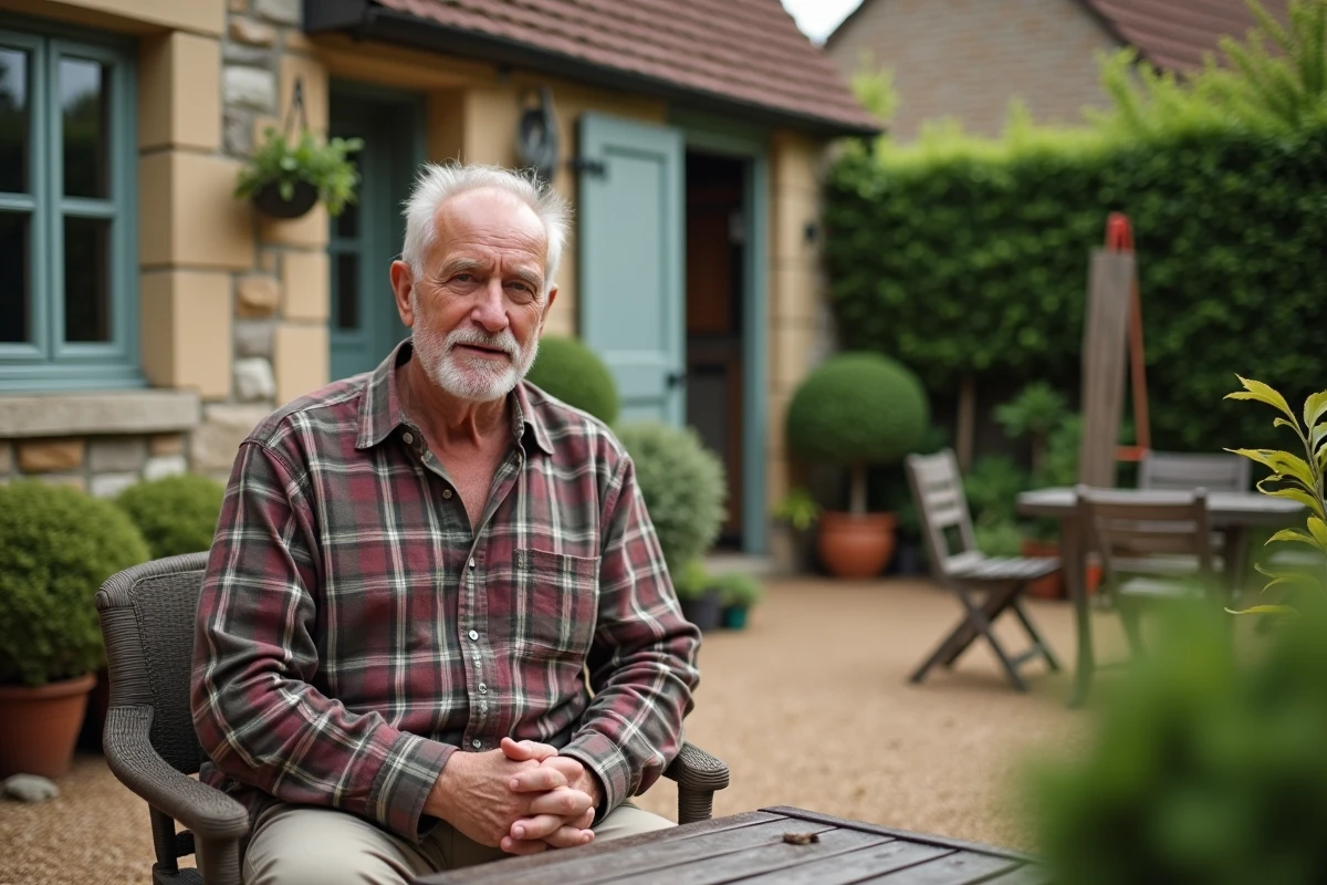 Homme âgé assis dans un jardin paisible
