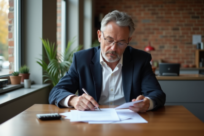 Homme d'âge moyen examinant documents immobiliers dans un appartement