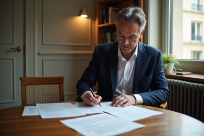 Homme d age en blazer bleu lisant des documents immobiliers