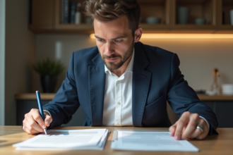 Homme en costume lisant des documents fiscaux français
