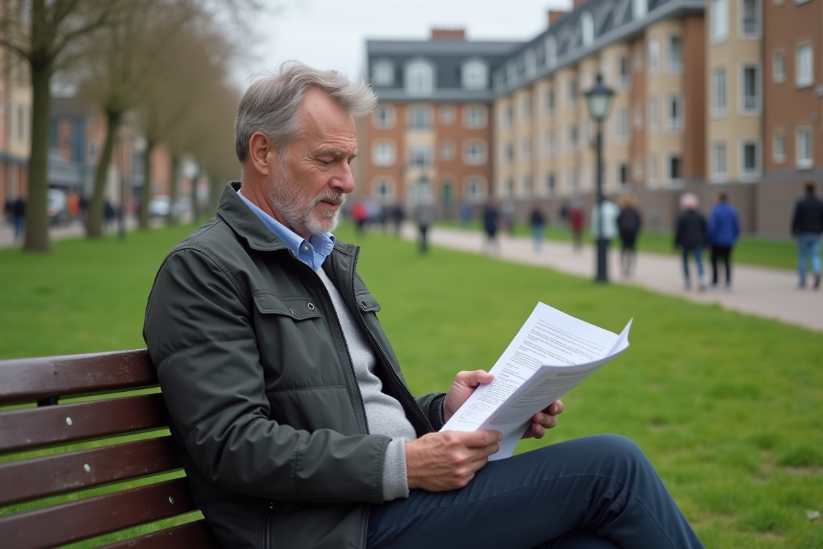 Homme lisant une demande de location dans un parc