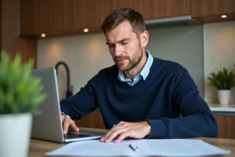 Homme d'âge moyen révisant des papiers de location à son ordinateur