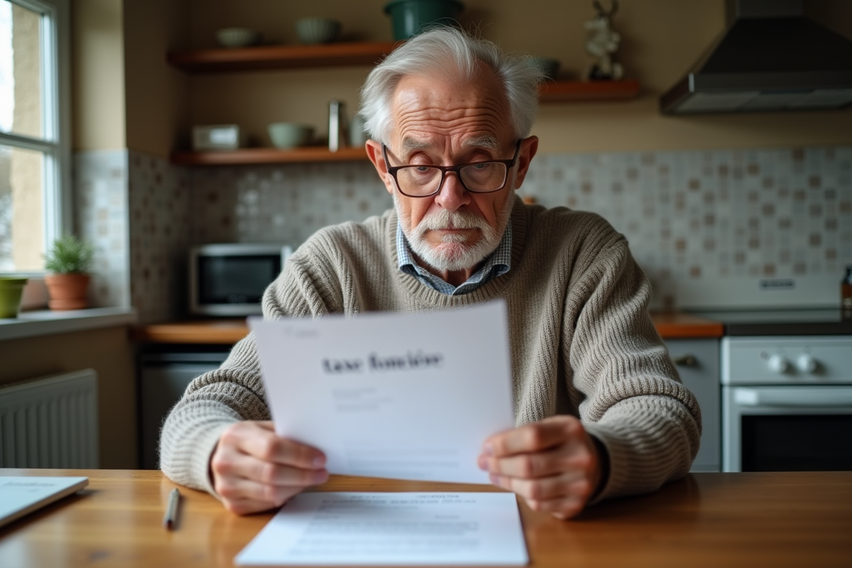 Homme âgé lisant une lettre de taxe foncière à la maison