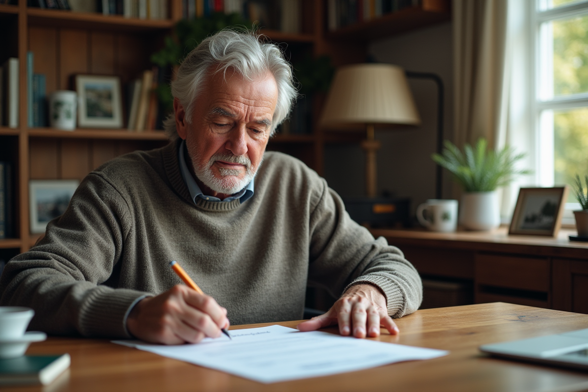 Homme plus âgé signant un formulaire de fin de prêt immobilier