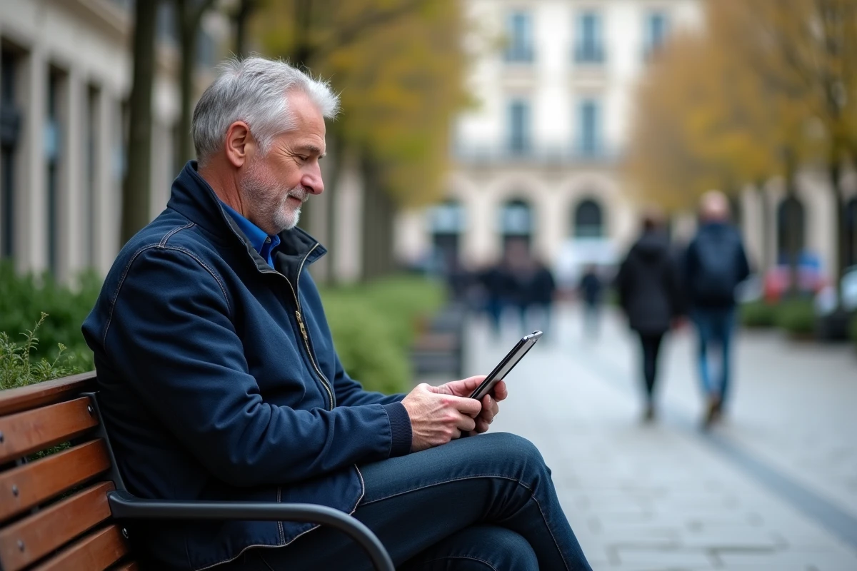 Homme consultant son compte locataire Foncia sur une tablette en extérieur en ville