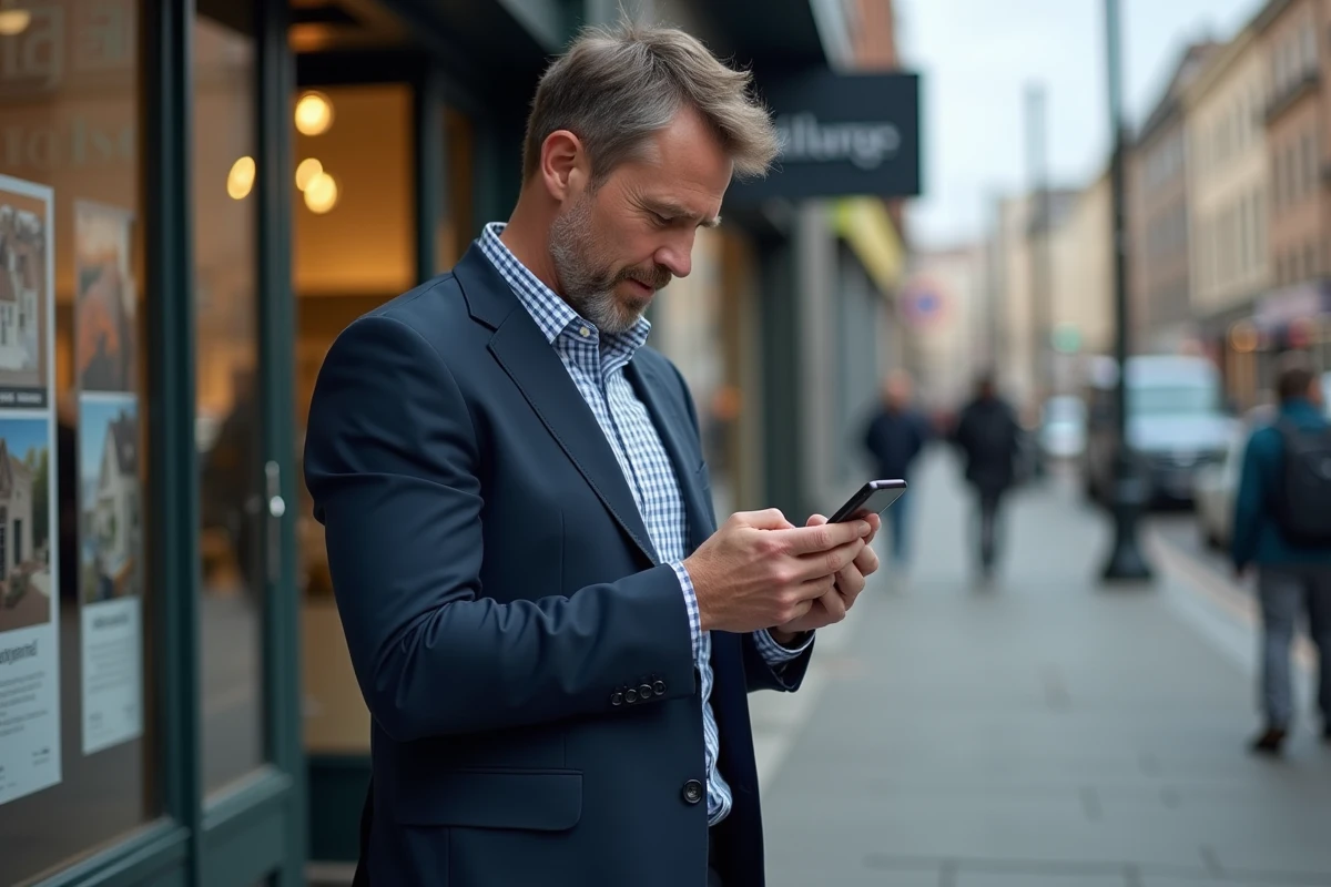 Homme en blazer vérifiant annonces immobilières dans la ville