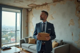 Homme d affaires examinant des taches d eau au plafond