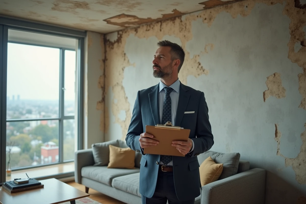 Homme d affaires examinant des taches d eau au plafond
