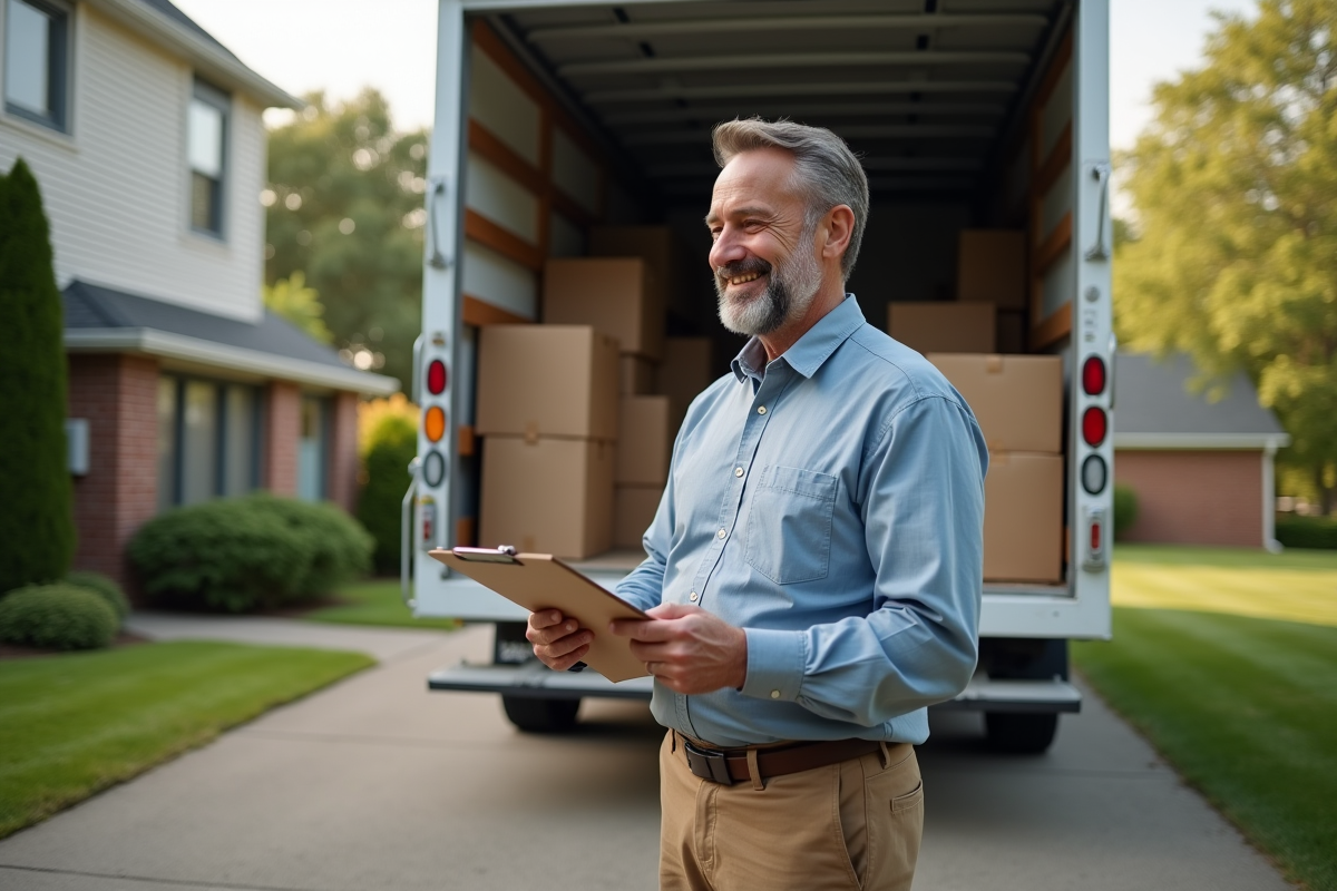Homme vérifiant un camion de déménagement dans une cour verte
