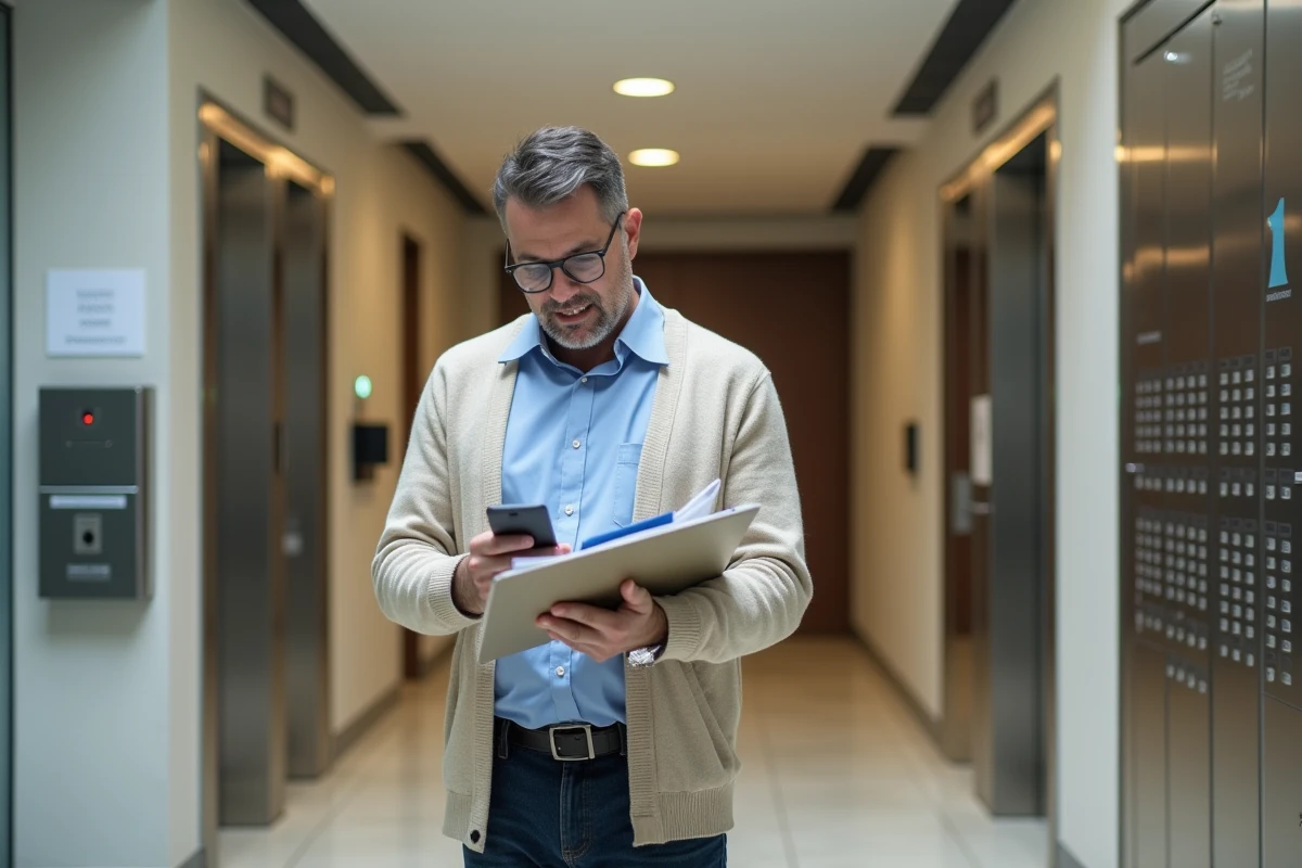 Homme vérifiant ses documents immobiliers dans le hall