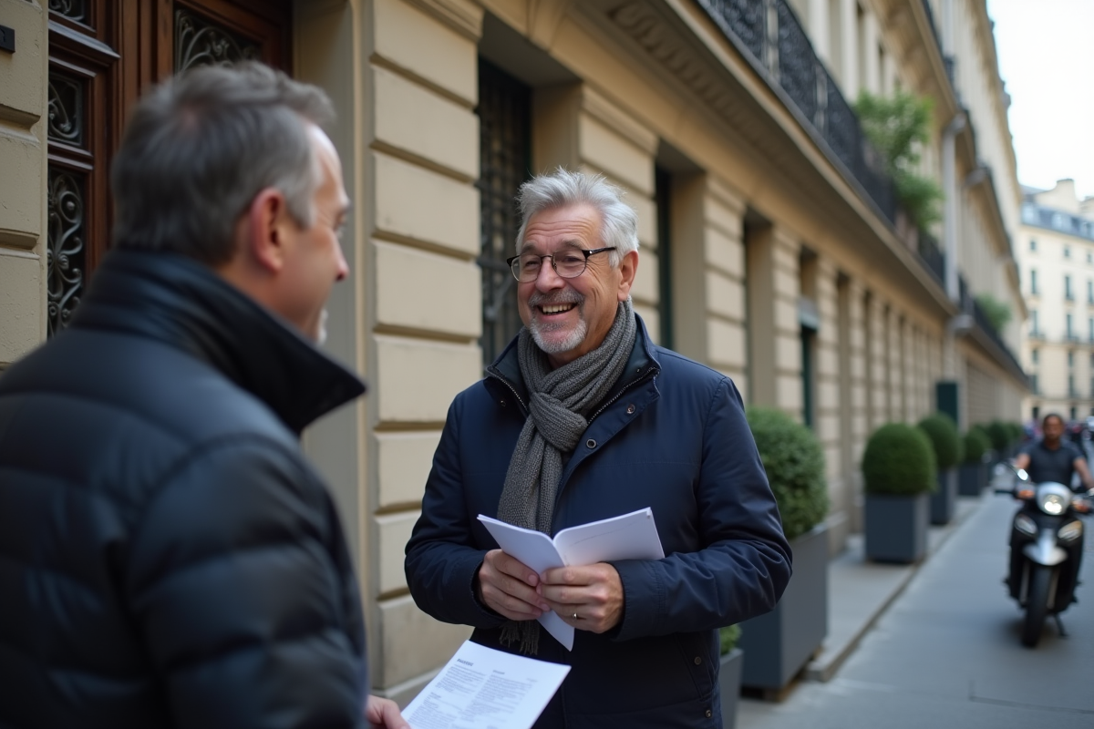 Homme rencontre propriétaire devant immeuble parisien