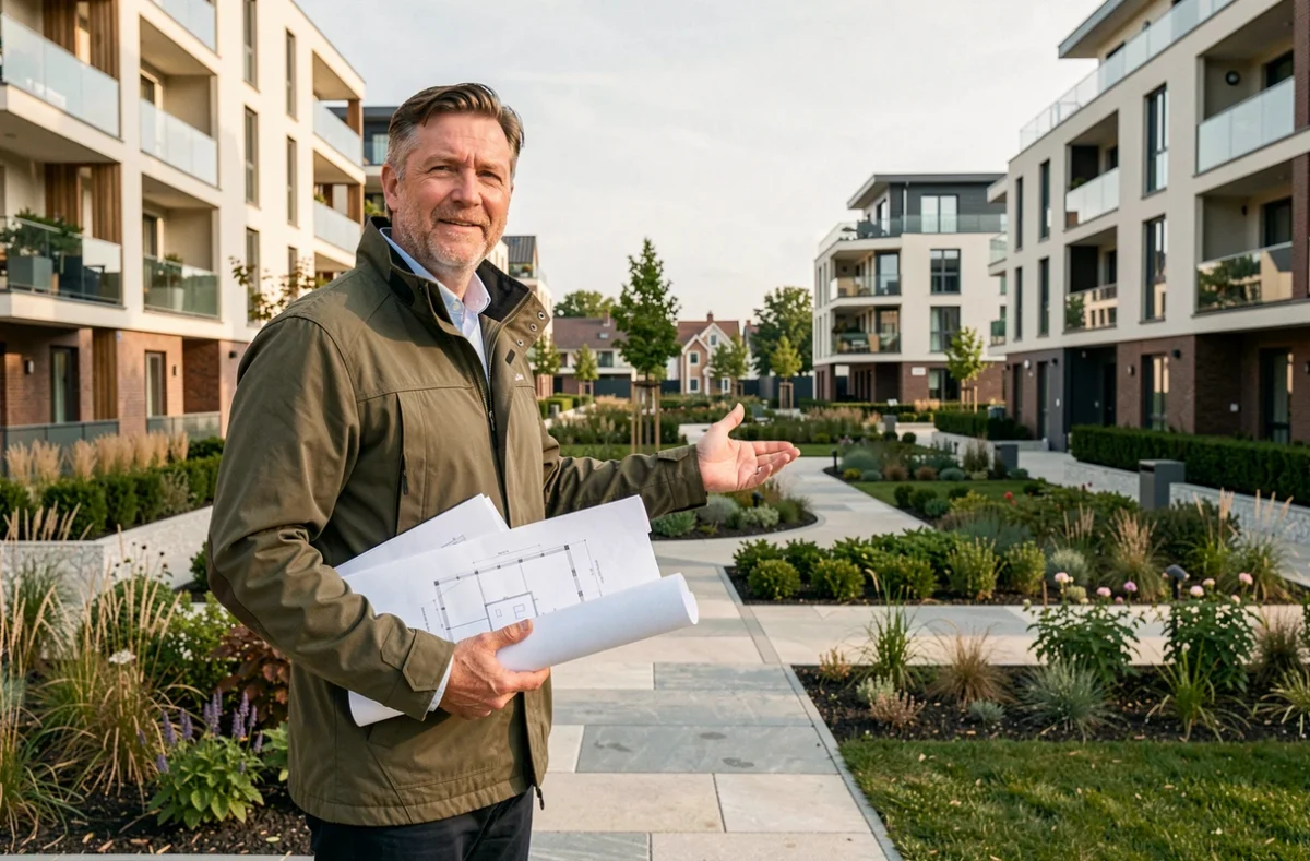 Promoteur Idylim Amo Developpement devant un programme immobilier neuf dans le Nord de la France
