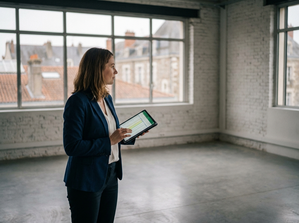 Femme d'affaires inspectant un espace de bureau vide à Nantes pour évaluer sa capacité d'accueil avant location