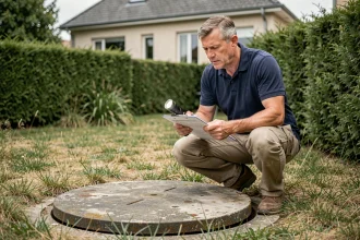 Inspecteur immobilier vérifiant une fosse septique non conforme dans un jardin de maison individuelle