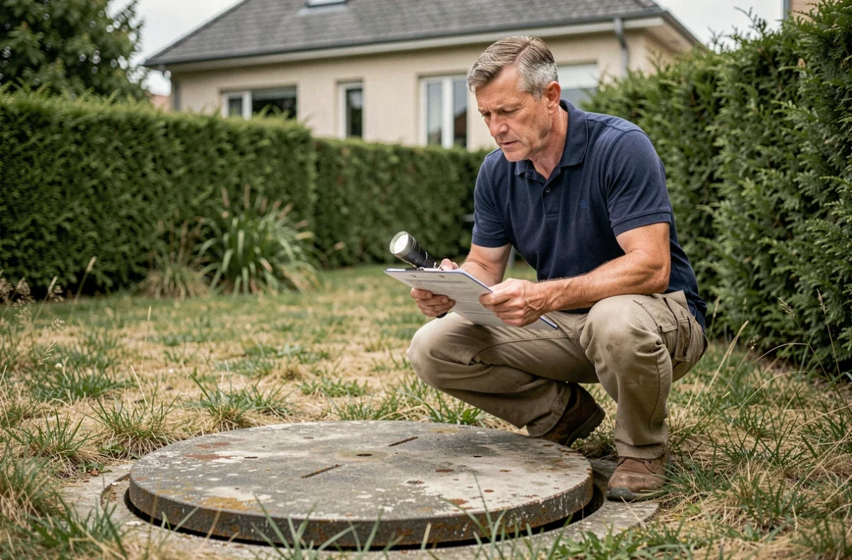 Inspecteur immobilier vérifiant une fosse septique non conforme dans un jardin de maison individuelle