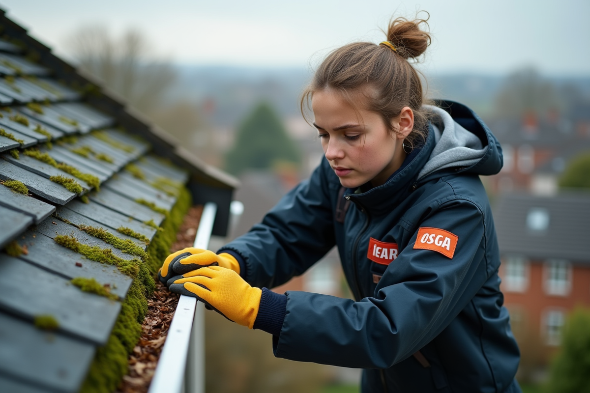 Jeune technicienne inspectant une gouttière remplie de feuilles et mousse