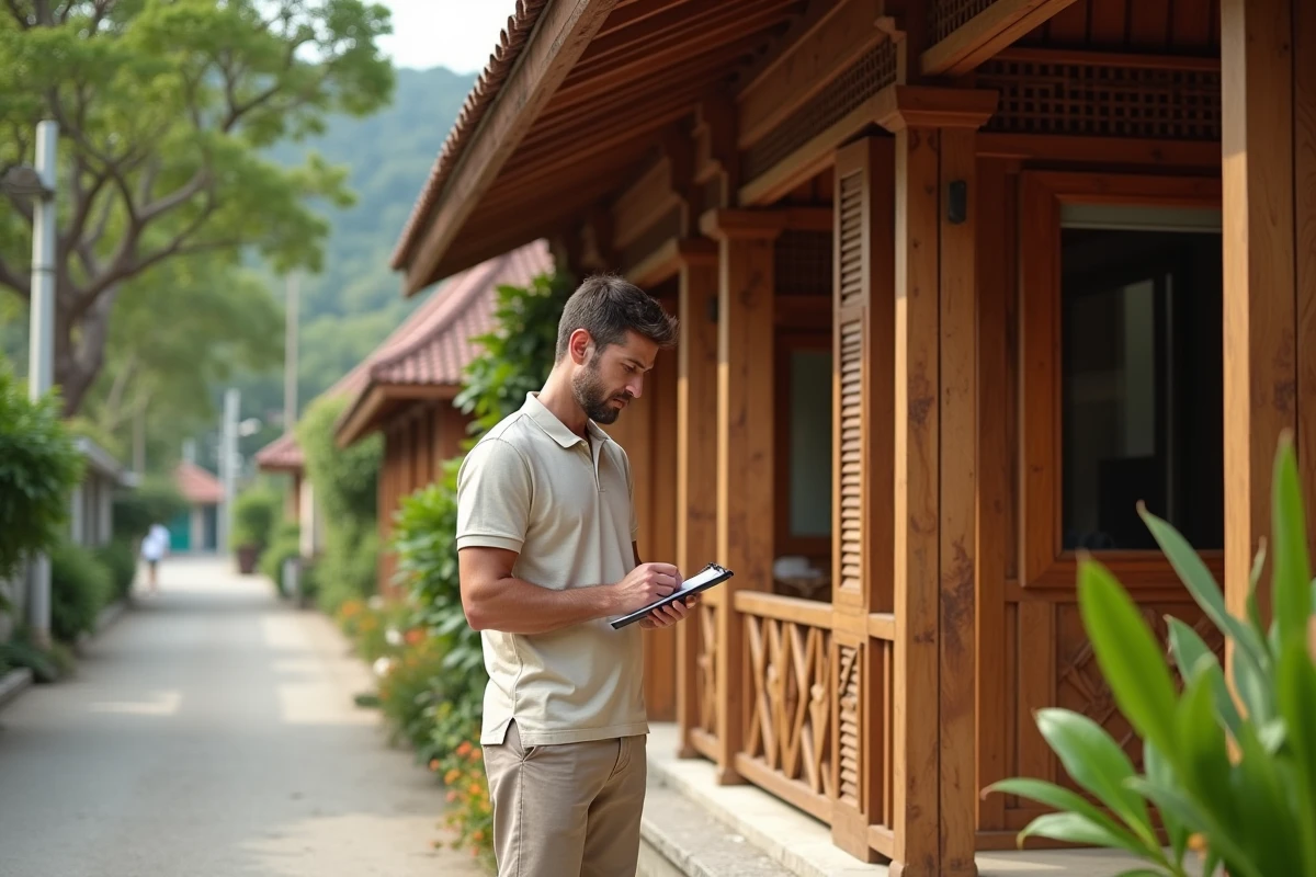 Acheteur étranger inspectant une maison traditionnelle thaïlandaise à vendre dans une rue résidentielle de Koh Samui