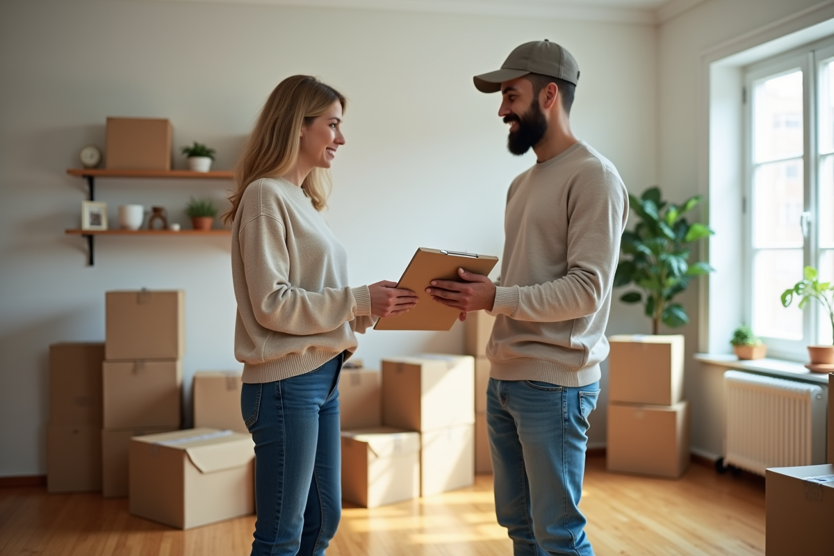 Femme et jeune déménageur signent un document dans un salon lumineux