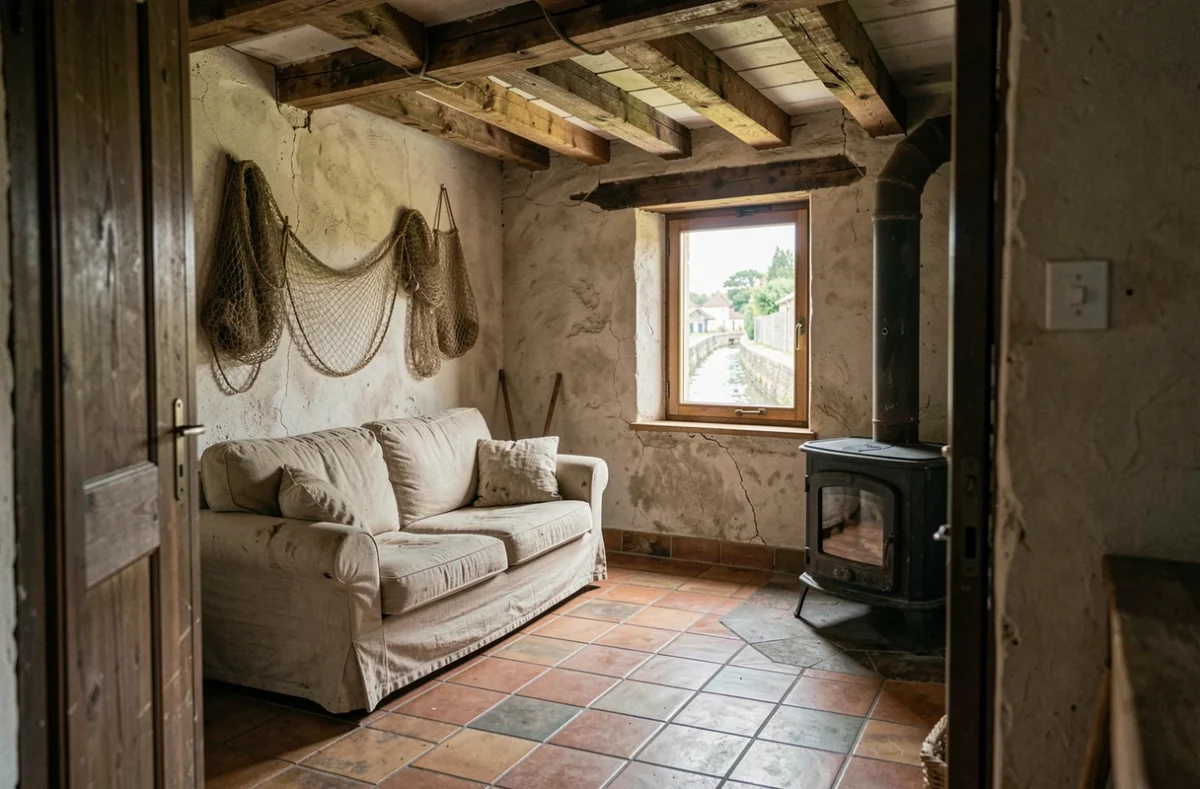 Intérieur authentique d'une maison de pêcheur française avec poutres apparentes et carrelage en terre cuite