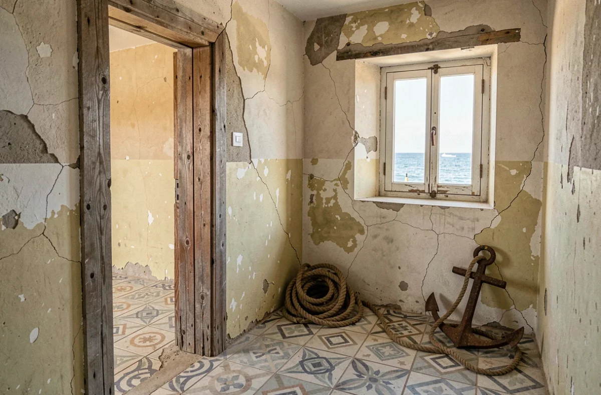 Intérieur brut d'une maison de pêcheur portugaise à rénover avec carrelage ancien, murs en plâtre fissuré et vue sur l'Atlantique