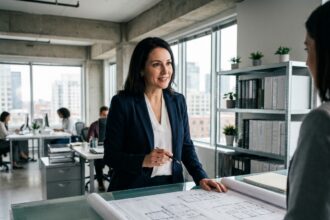 Femme investisseuse analysant des plans d'un espace de bureaux commercial moderne en 2026