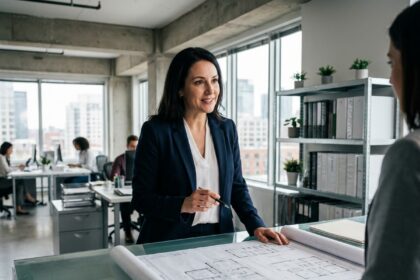 Femme investisseuse analysant des plans d'un espace de bureaux commercial moderne en 2026