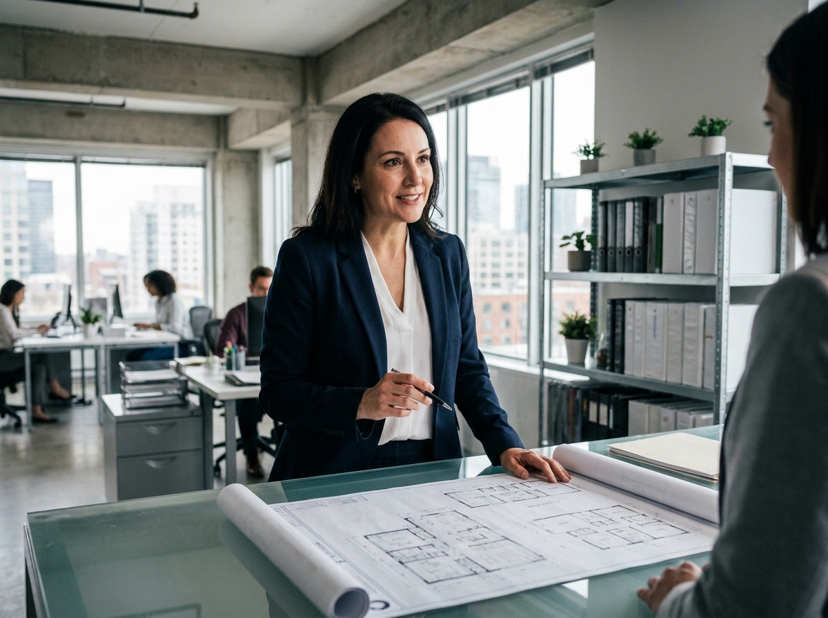 Femme investisseuse analysant des plans d'un espace de bureaux commercial moderne en 2026