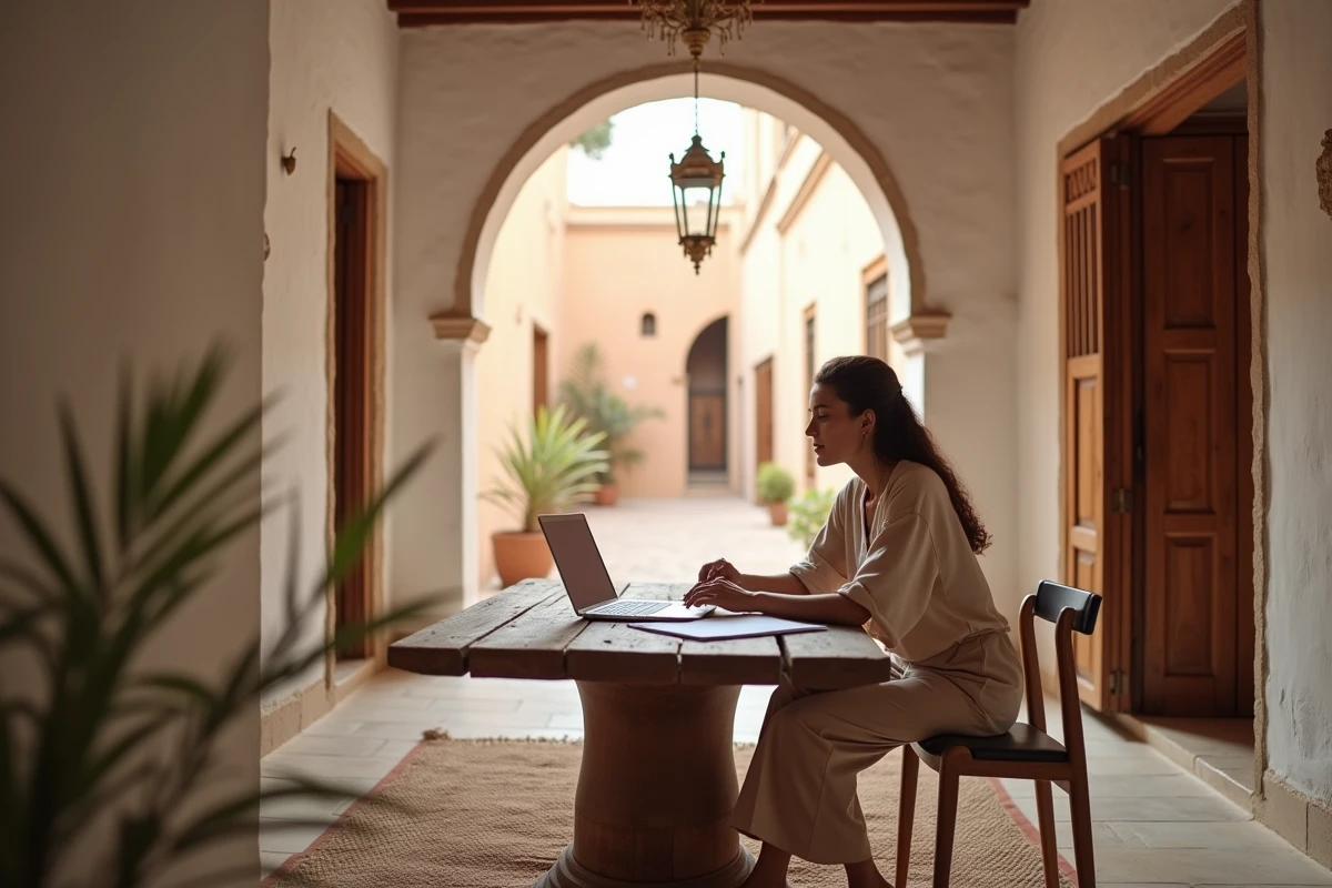 Femme étudiant des documents d'investissement immobilier dans l'intérieur authentique d'un riad rénové à Marrakech avec moucharabieh et tapis berbère