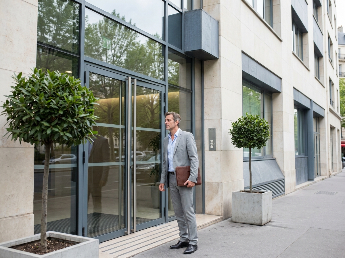 Investisseur immobilier devant la façade d'un immeuble de bureaux rénové dans une ville française