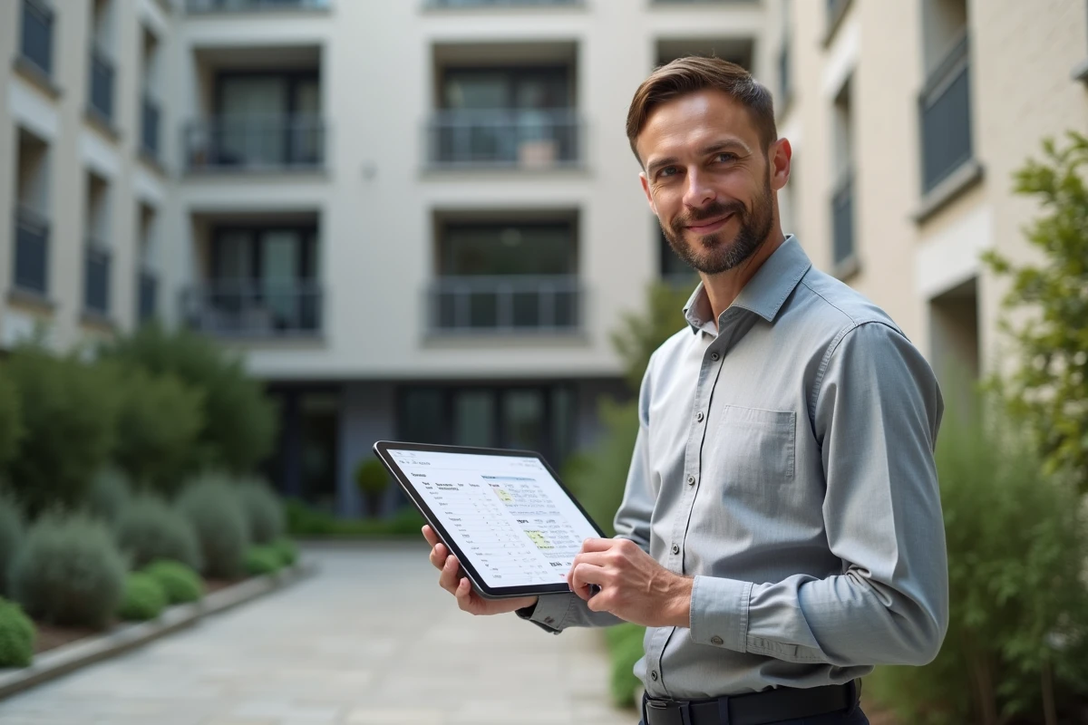 Investisseur immobilier consultant un calcul de loyer Pinel devant un immeuble résidentiel neuf