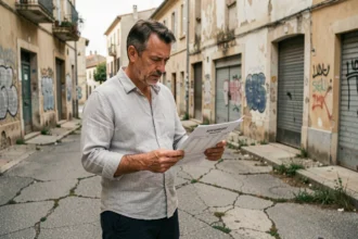 Investisseur immobilier analysant un document dans un quartier dégradé d'Alès avant un achat locatif