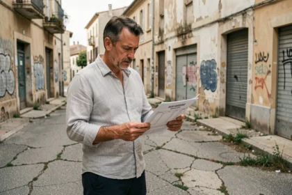 Investisseur immobilier analysant un document dans un quartier dégradé d'Alès avant un achat locatif