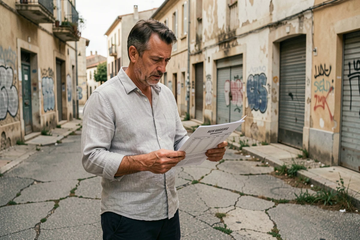 Investisseur immobilier analysant un document dans un quartier dégradé d'Alès avant un achat locatif