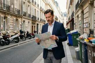 Investisseur immobilier étudiant une carte dans un quartier résidentiel dégradé de Nantes