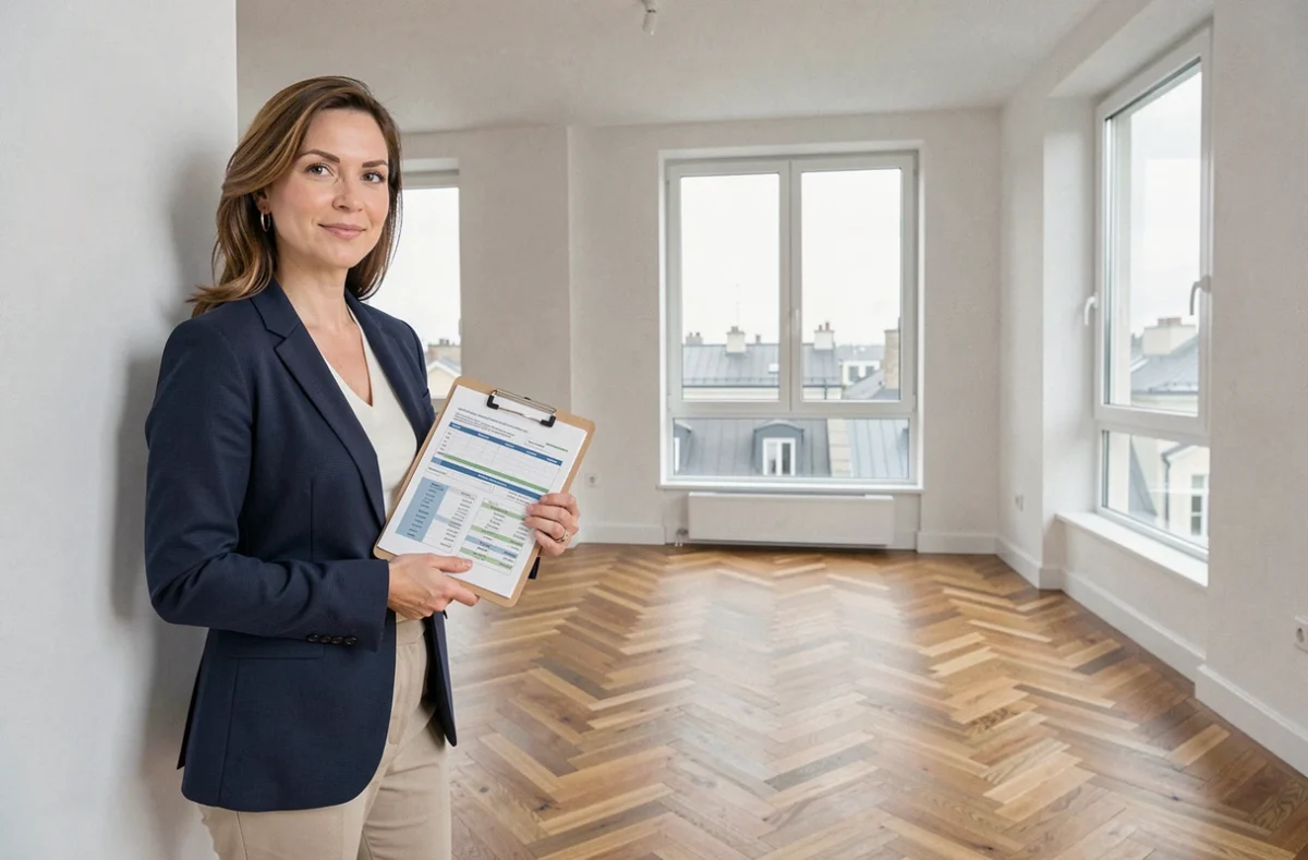 Investisseuse immobilière analysant les coûts d'acquisition dont les frais de notaire dans un appartement rénové à revendre